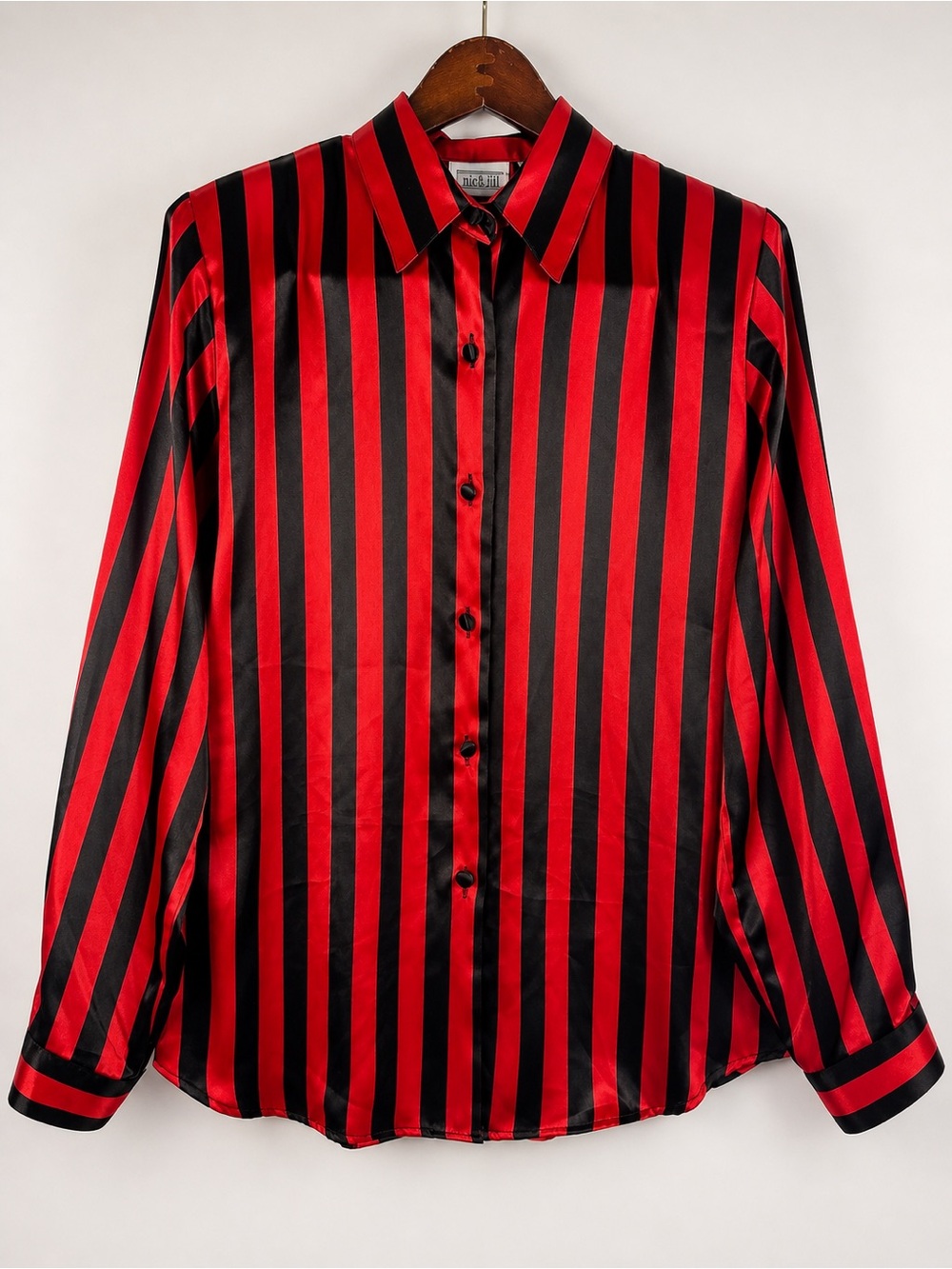 Vintage Christie & Jill Red Black Satin Stripe Blouse Shoulder Pad Button Up